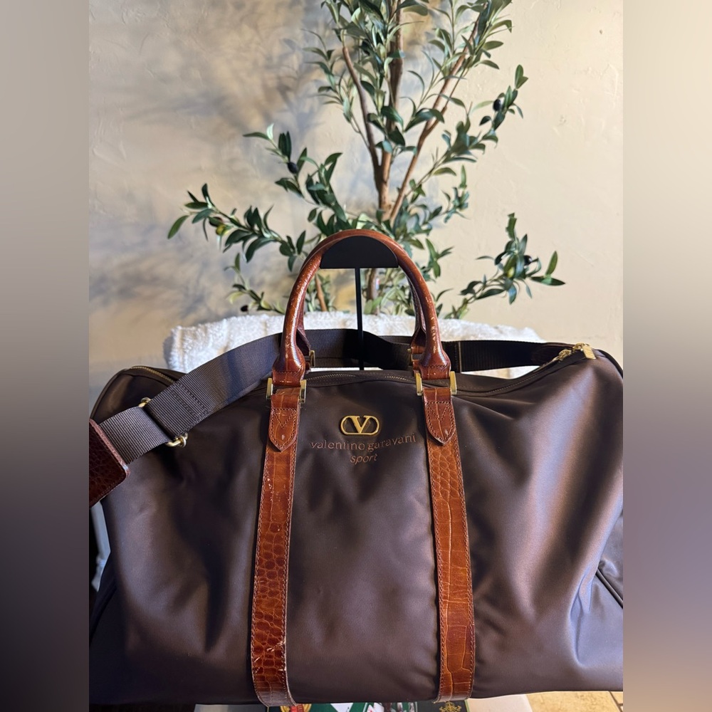 Valentino Garavani Brown and Tan Leather-Trim Duffel Bag